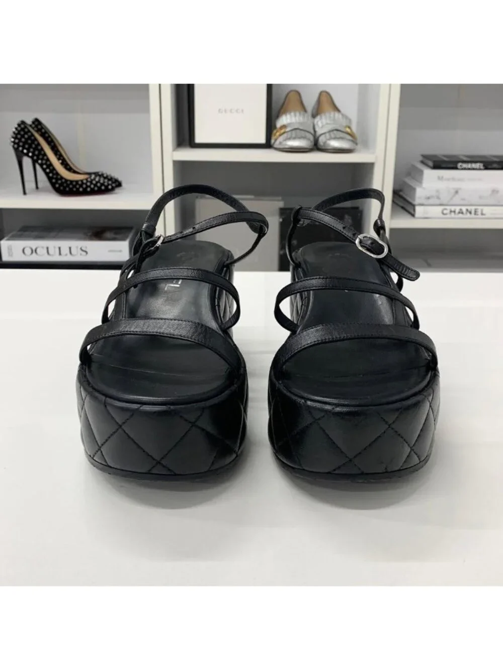 Chanel Quilted CC Logo Leather Strap Platform Sandals Black